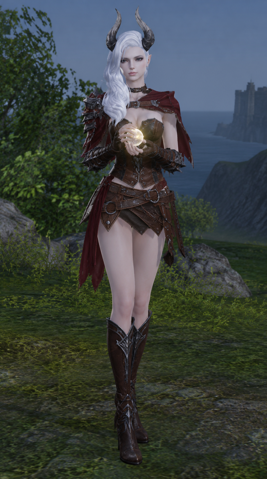 White-haired horned character holding a glowing orb