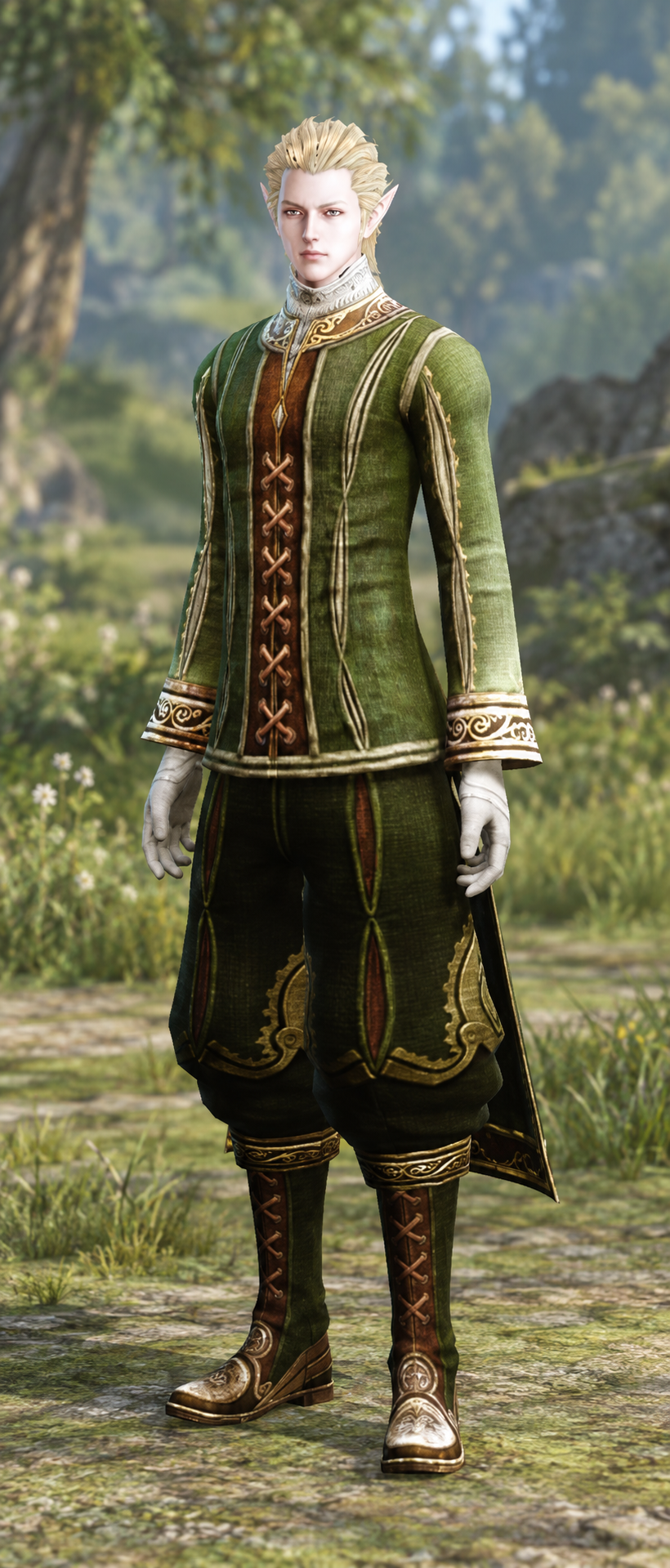 Elf in green and gold clothing on a woodland path