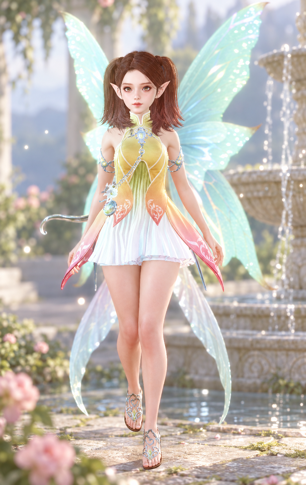 Fairy with luminous wings beside a garden fountain
